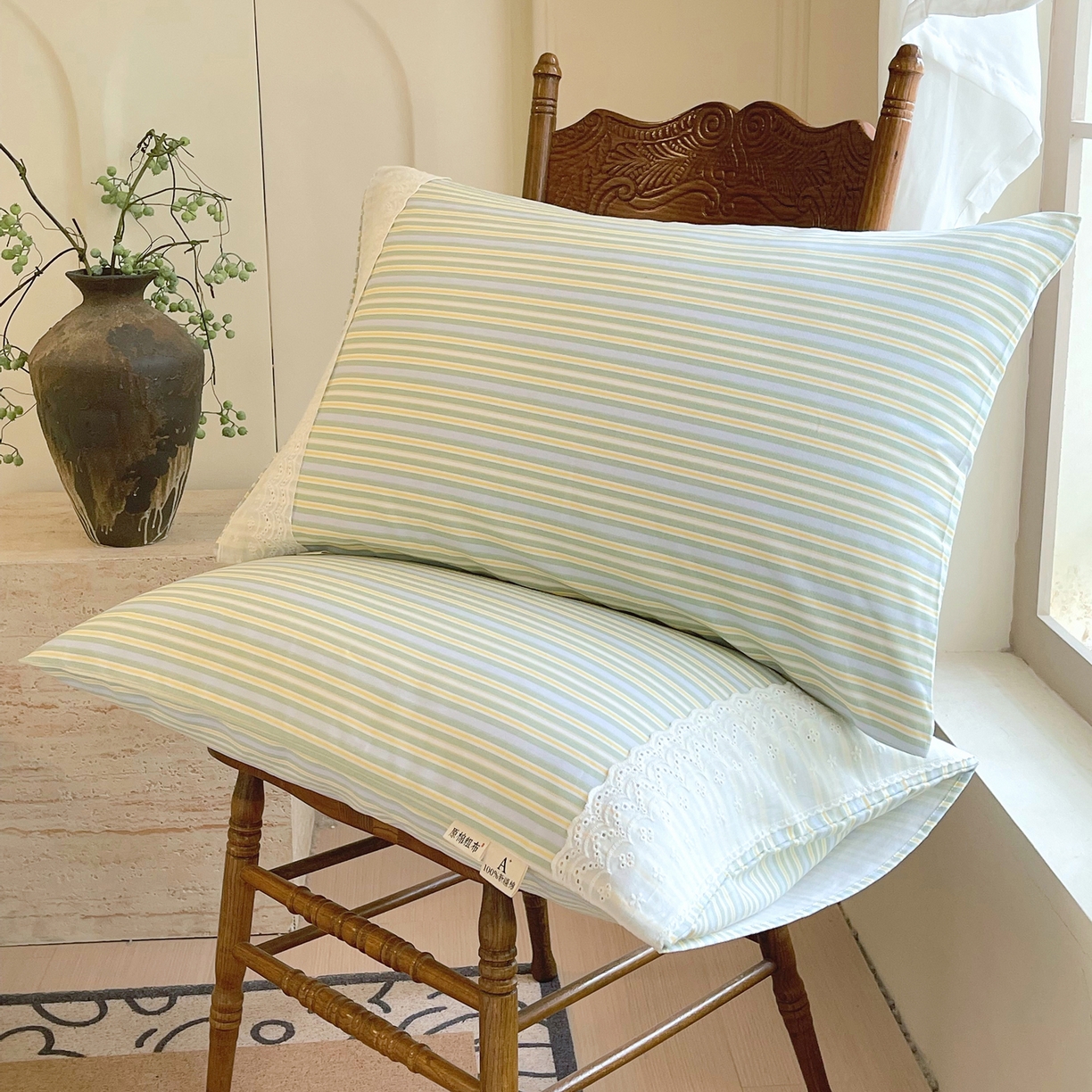 91家纺网 家纺一手货源 找家纺 春皖家纺 2026春夏新品老粗布花边款单枕套 枕套单件 花边-琴南