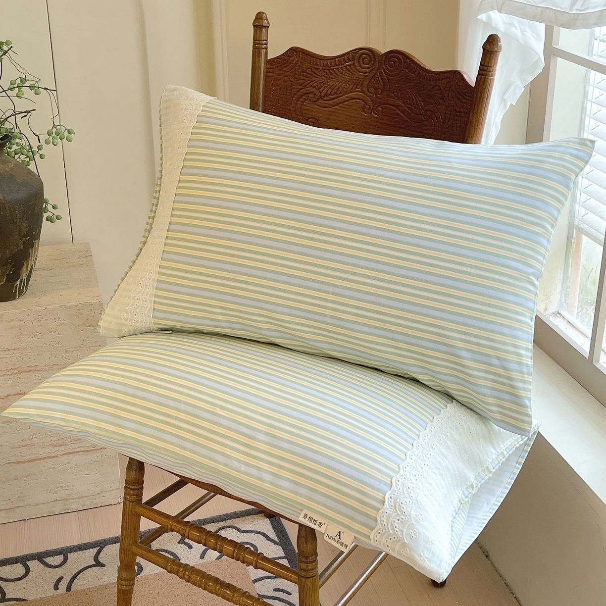 91家纺网 家纺一手货源 找家纺 春皖家纺 2026春夏新品老粗布花边款单枕套 枕套单件 花边-琴南