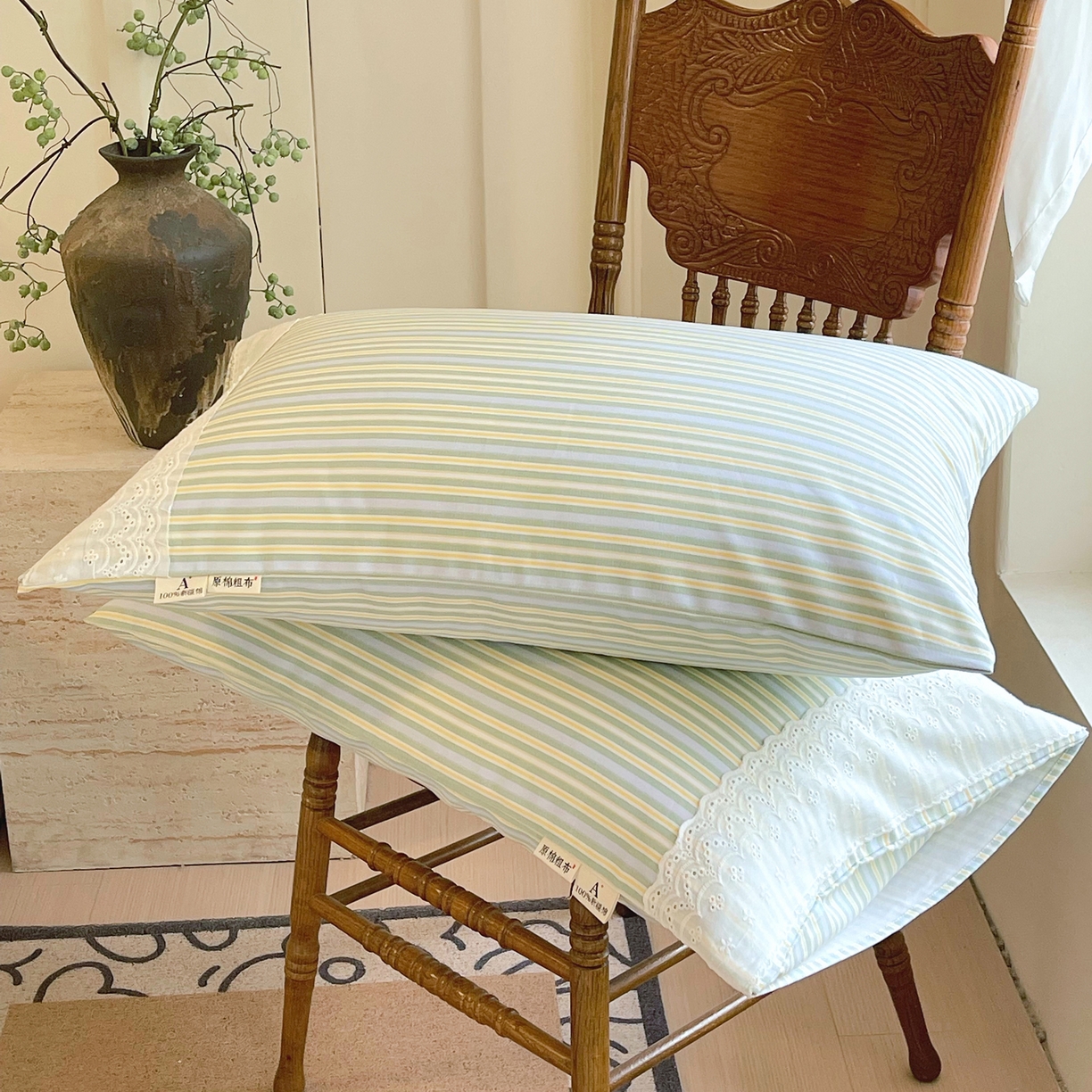 91家纺网 家纺一手货源 找家纺 春皖家纺 2026春夏新品老粗布花边款单枕套 枕套单件 花边-琴南
