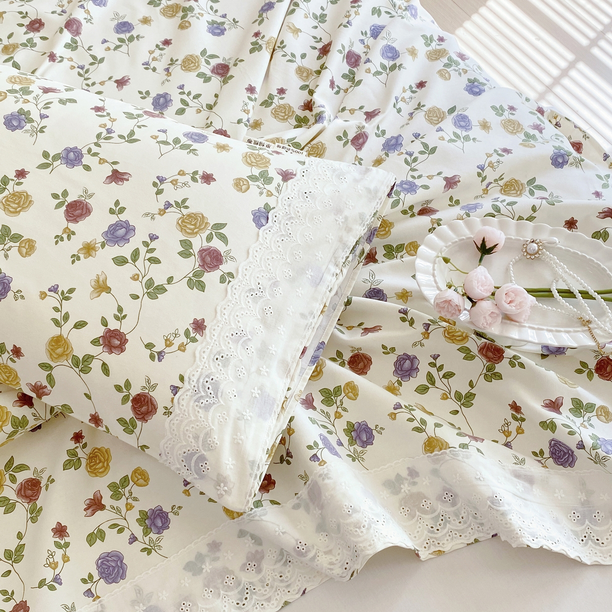 91家纺网 家纺一手货源 找家纺 春皖家纺 2026春夏新品老粗布花边款单枕套 枕套单件 花边-田园梦