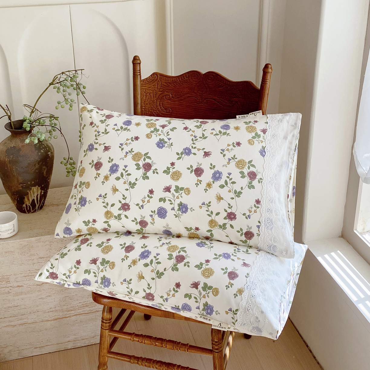 91家纺网 家纺一手货源 找家纺 春皖家纺 2026春夏新品老粗布花边款单枕套 枕套单件 花边-田园梦