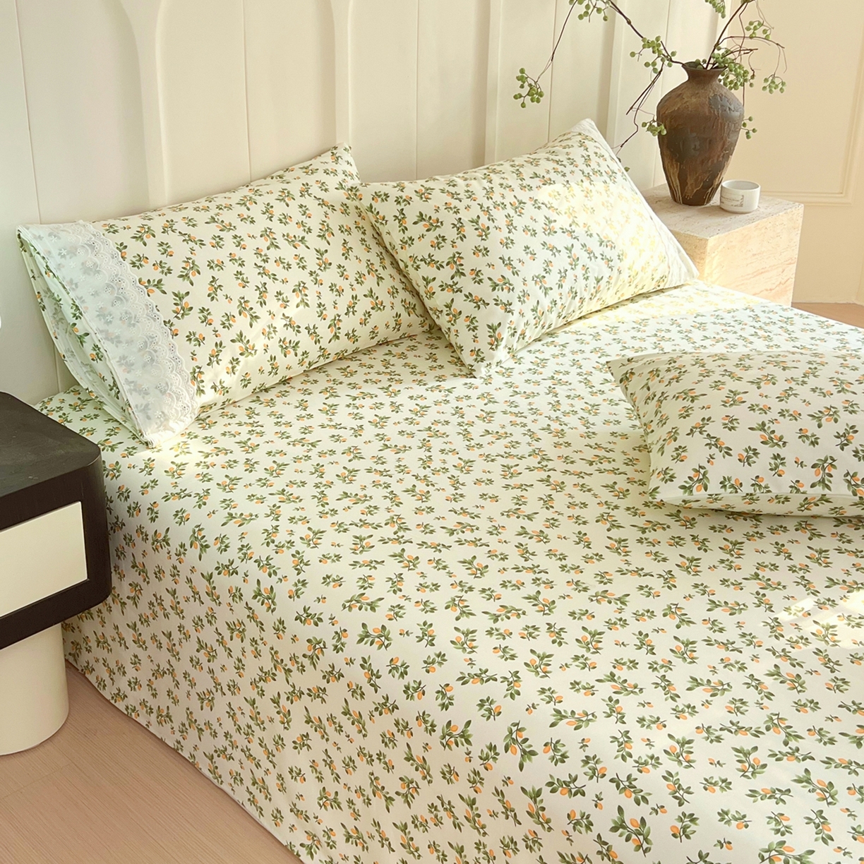 91家纺网 家纺一手货源 找家纺 春皖家纺 2026春夏新款老粗布花边款凉席席子单床单 床单单件 花边-翠林音