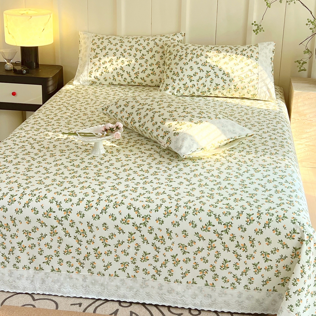 91家纺网 家纺一手货源 找家纺 春皖家纺 2026春夏新款老粗布花边款凉席席子单床单 床单单件 花边-翠林音