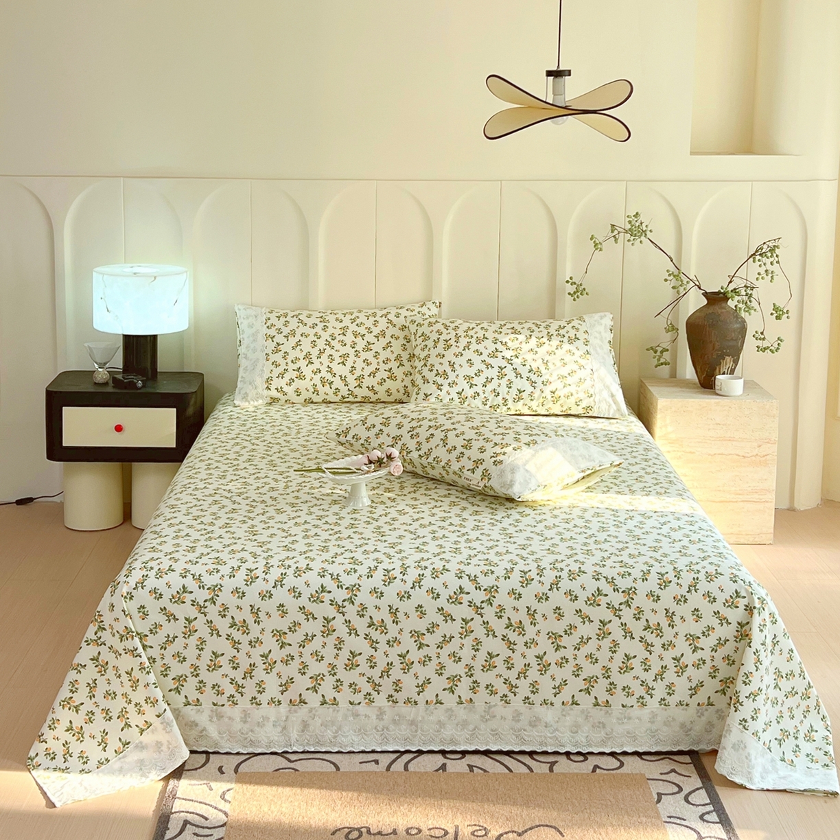 91家纺网 家纺一手货源 找家纺 春皖家纺 2026春夏新款老粗布花边款凉席席子单床单 床单单件 花边-翠林音