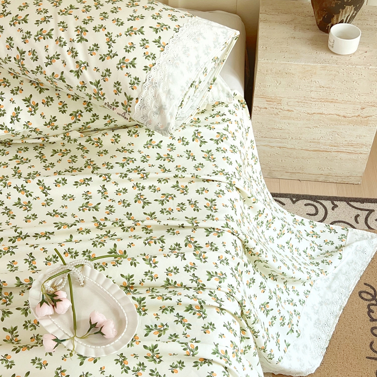 91家纺网 家纺一手货源 找家纺 春皖家纺 2026春夏新款老粗布花边款凉席席子单床单 床单单件 花边-翠林音