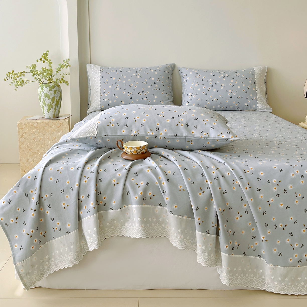 91家纺网 家纺一手货源 找家纺 春皖家纺 2026春夏新款老粗布花边款凉席席子单床单 床单单件 花边-莱昂