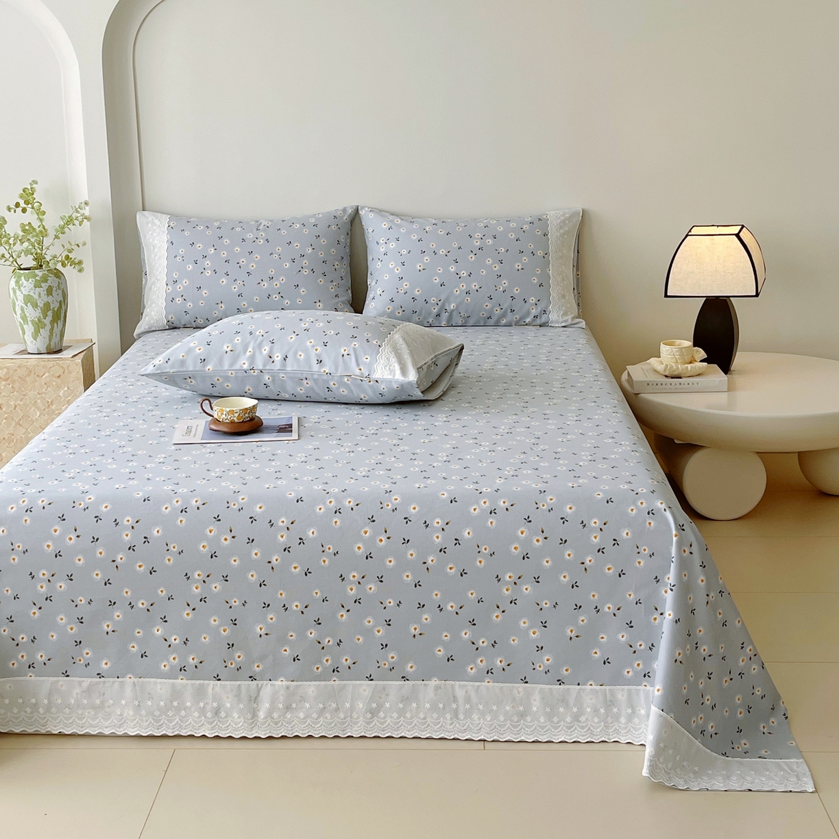 91家纺网 家纺一手货源 找家纺 春皖家纺 2026春夏新款老粗布花边款凉席席子单床单 床单单件 花边-莱昂