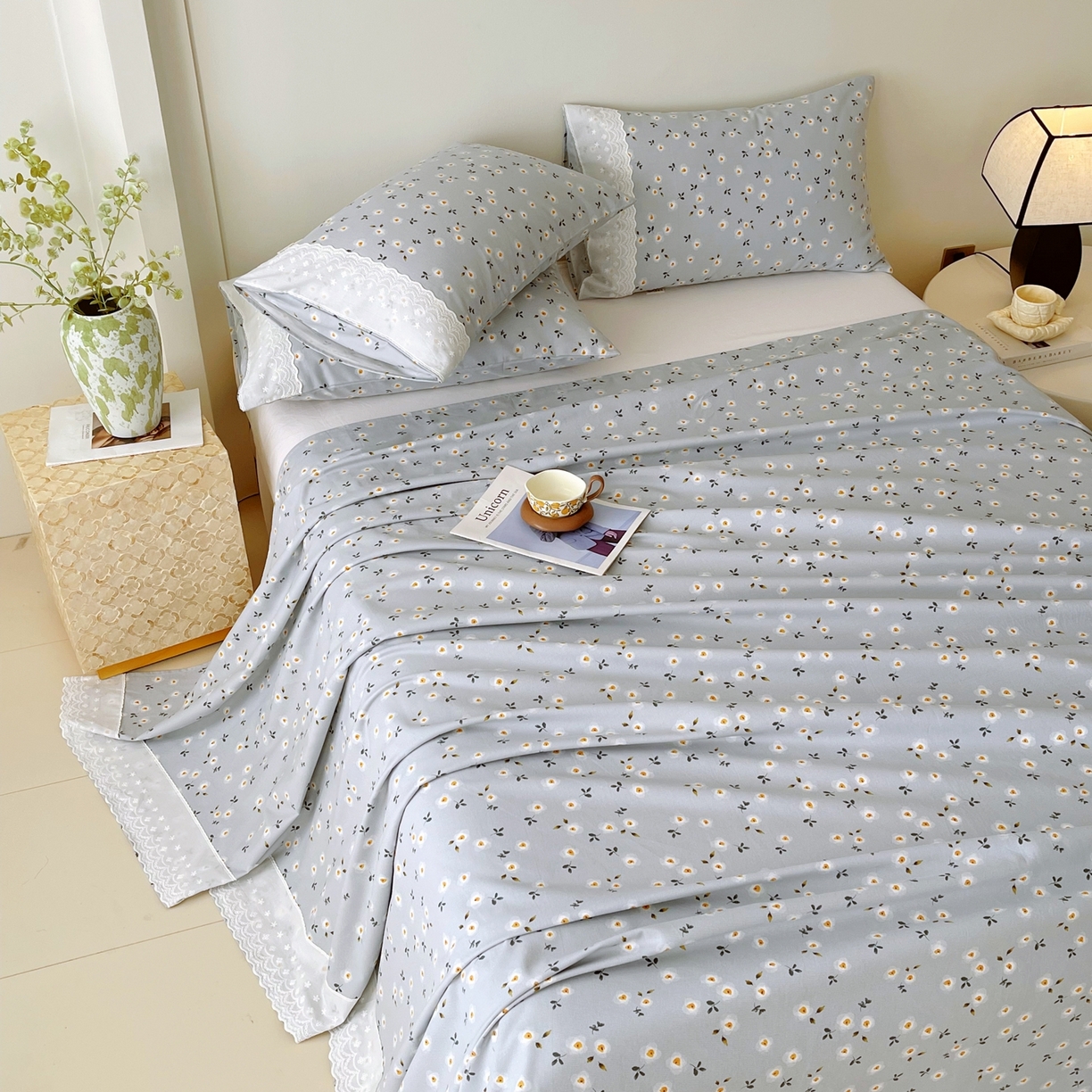 91家纺网 家纺一手货源 找家纺 春皖家纺 2026春夏新款老粗布花边款凉席席子单床单 床单单件 花边-莱昂