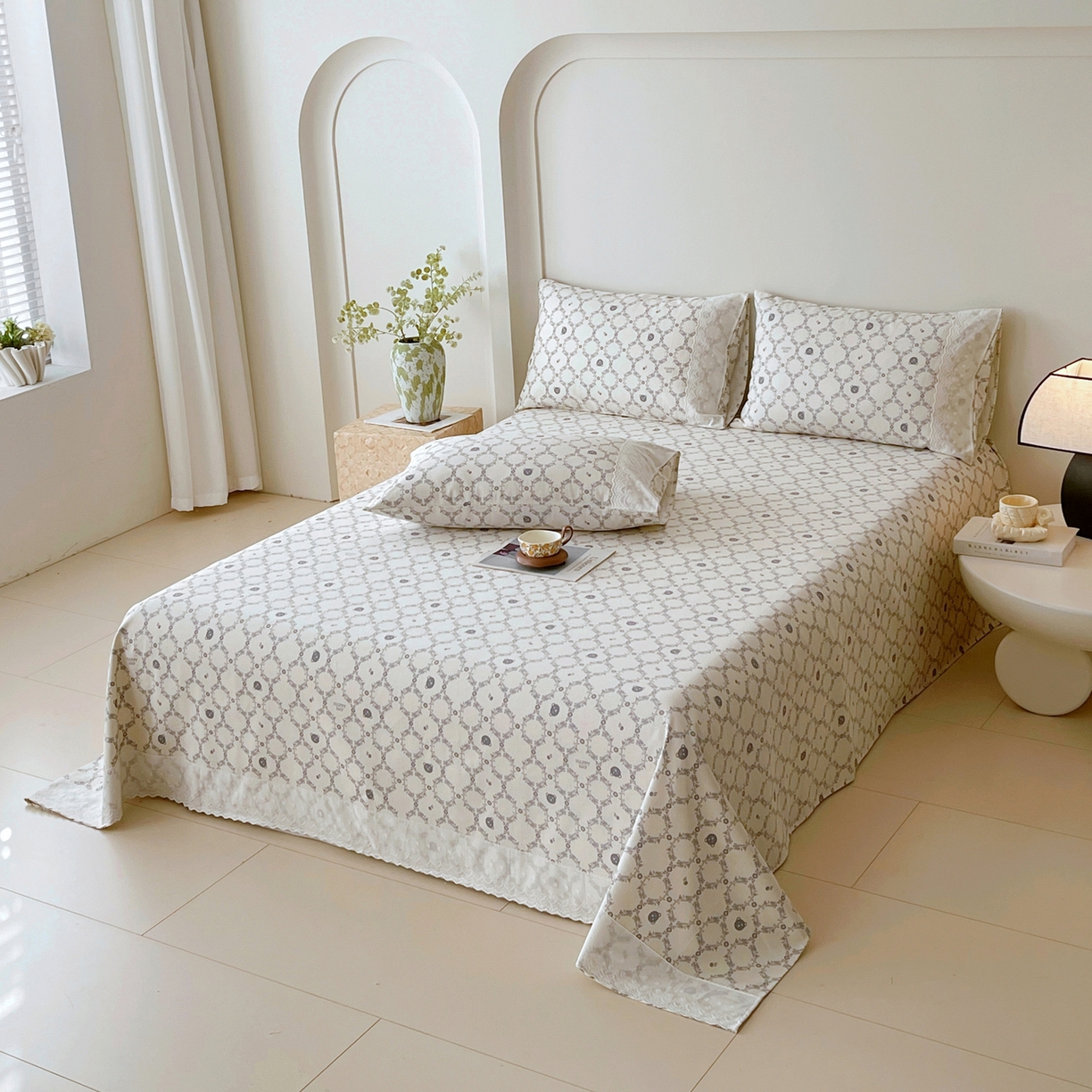 91家纺网 家纺一手货源 找家纺 春皖家纺 2026春夏新款老粗布花边款凉席席子单床单 床单单件 花边-米娅