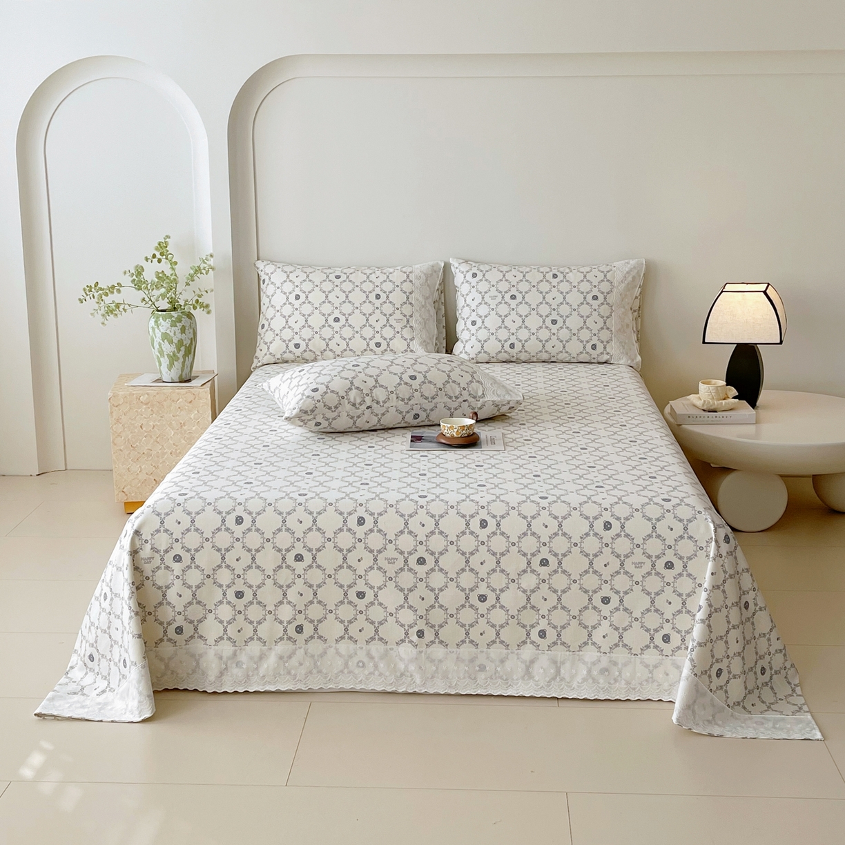 91家纺网 家纺一手货源 找家纺 春皖家纺 2026春夏新款老粗布花边款凉席席子单床单 床单单件 花边-米娅