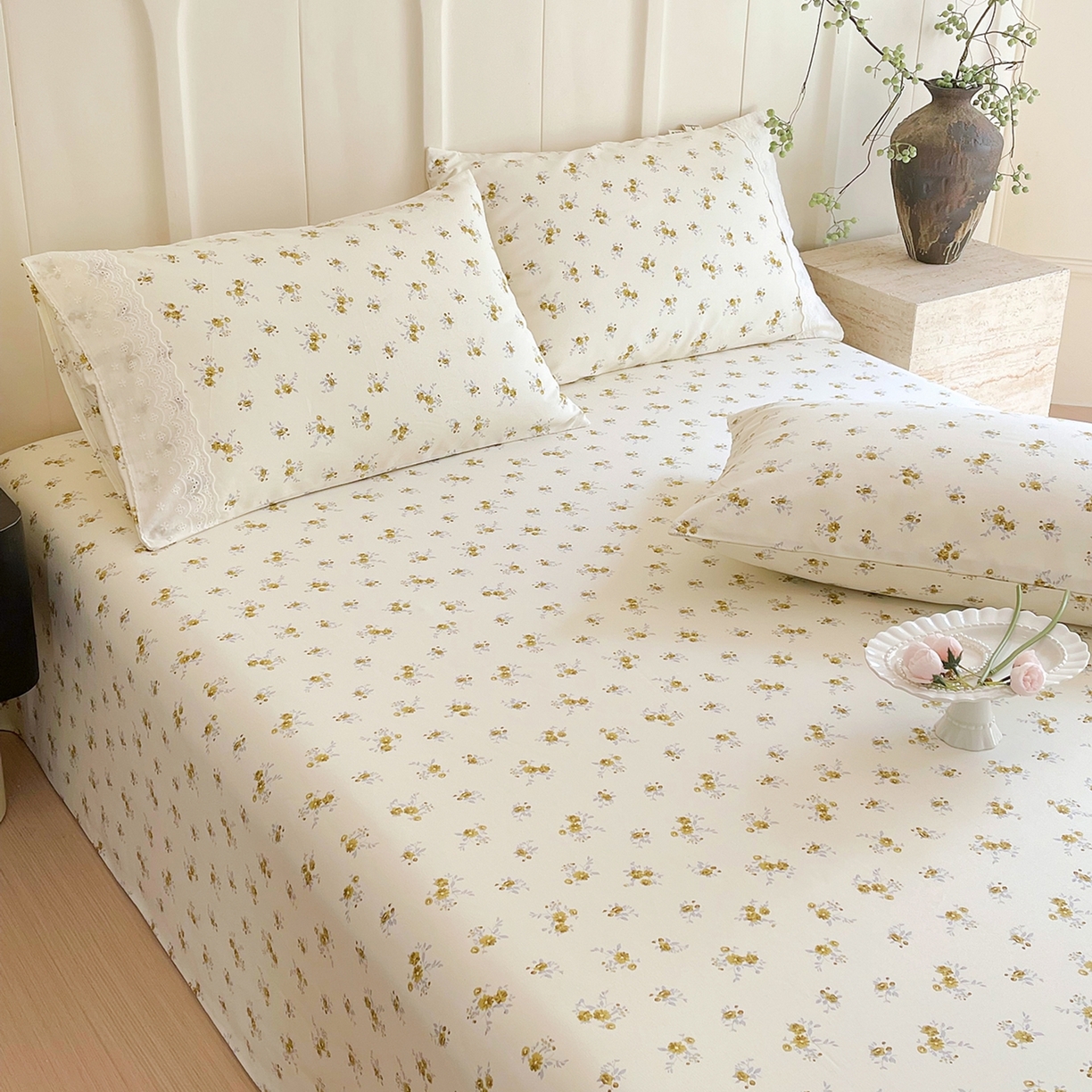 91家纺网 家纺一手货源 找家纺 春皖家纺 2026春夏新款老粗布花边款凉席席子单床单 床单单件 花边-倩影米