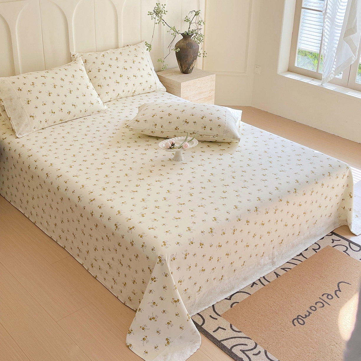 91家纺网 家纺一手货源 找家纺 春皖家纺 2026春夏新款老粗布花边款凉席席子单床单 床单单件 花边-倩影米