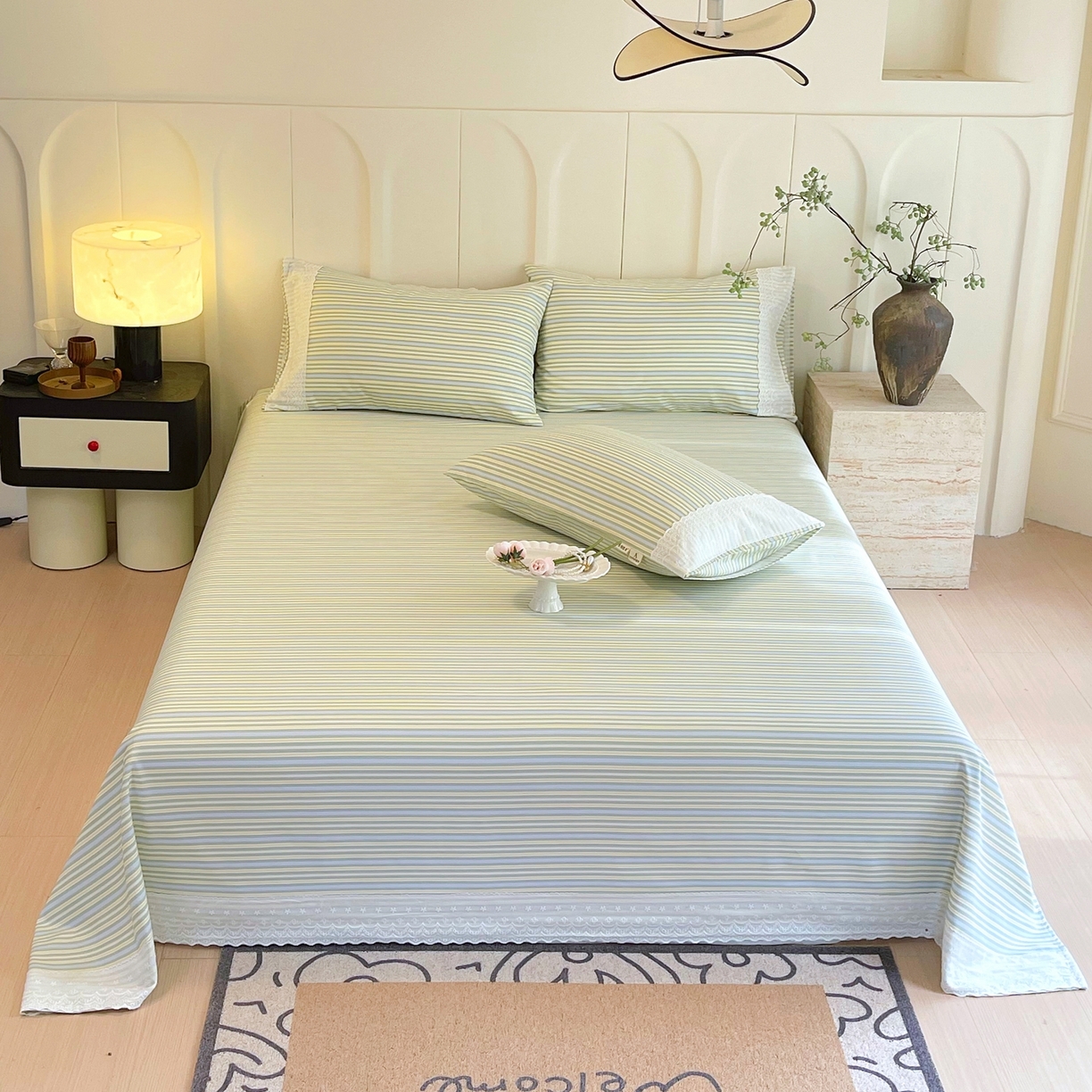 春皖家纺 2026春夏新款老粗布花边款凉席席子单床单 床单单件 花边-琴南