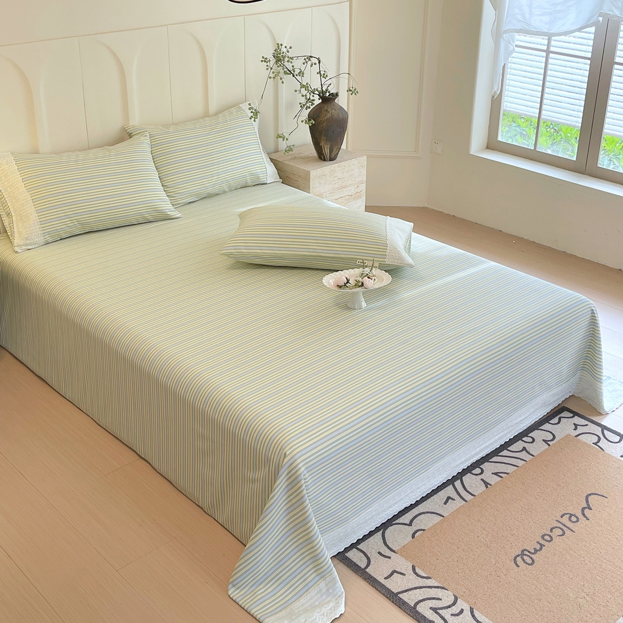 91家纺网 家纺一手货源 找家纺 春皖家纺 2026春夏新款老粗布花边款凉席席子单床单 床单单件 花边-琴南