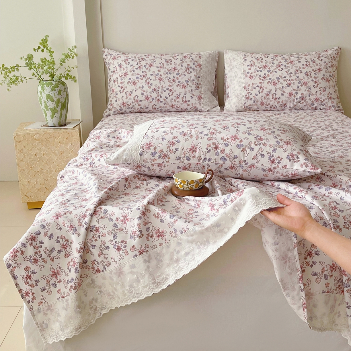 91家纺网 家纺一手货源 找家纺 春皖家纺 2026春夏新款老粗布花边款凉席席子单床单 床单单件 花边-塞西