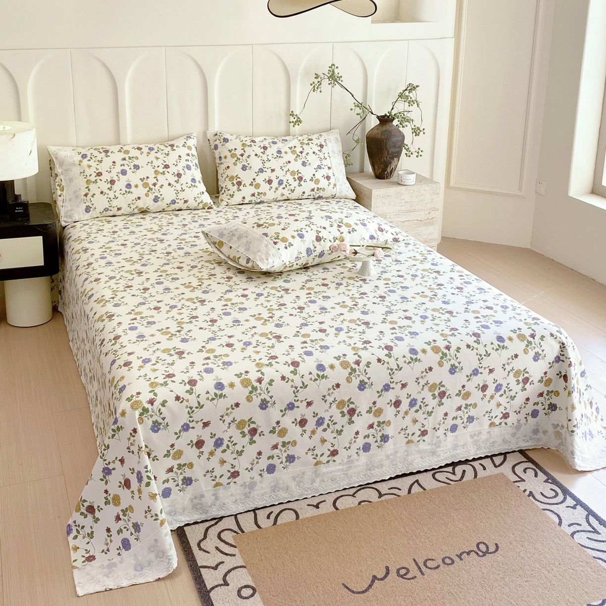 91家纺网 家纺一手货源 找家纺 春皖家纺 2026春夏新款老粗布花边款凉席席子单床单 床单单件 花边-田园梦