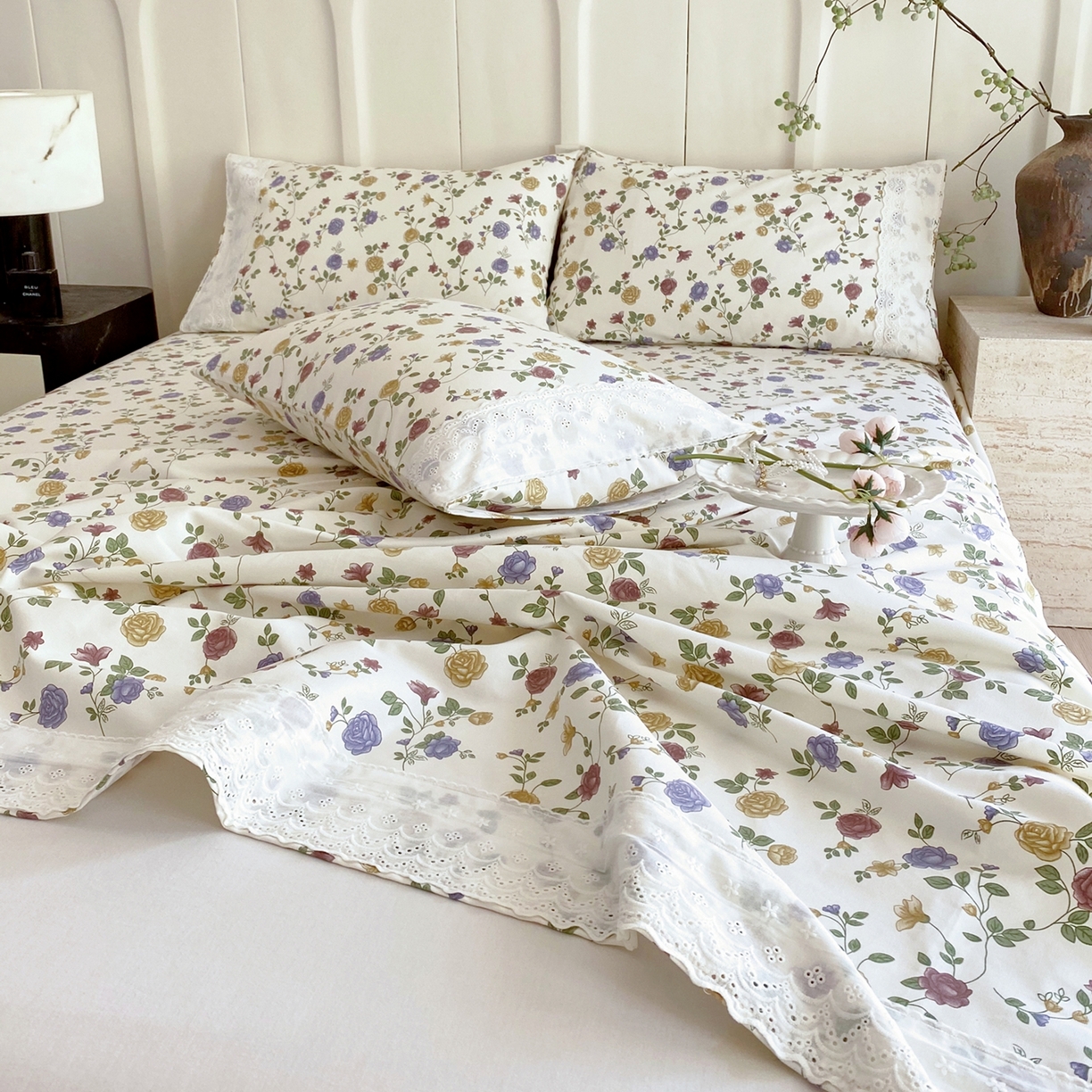 91家纺网 家纺一手货源 找家纺 春皖家纺 2026春夏新款老粗布花边款凉席席子单床单 床单单件 花边-田园梦