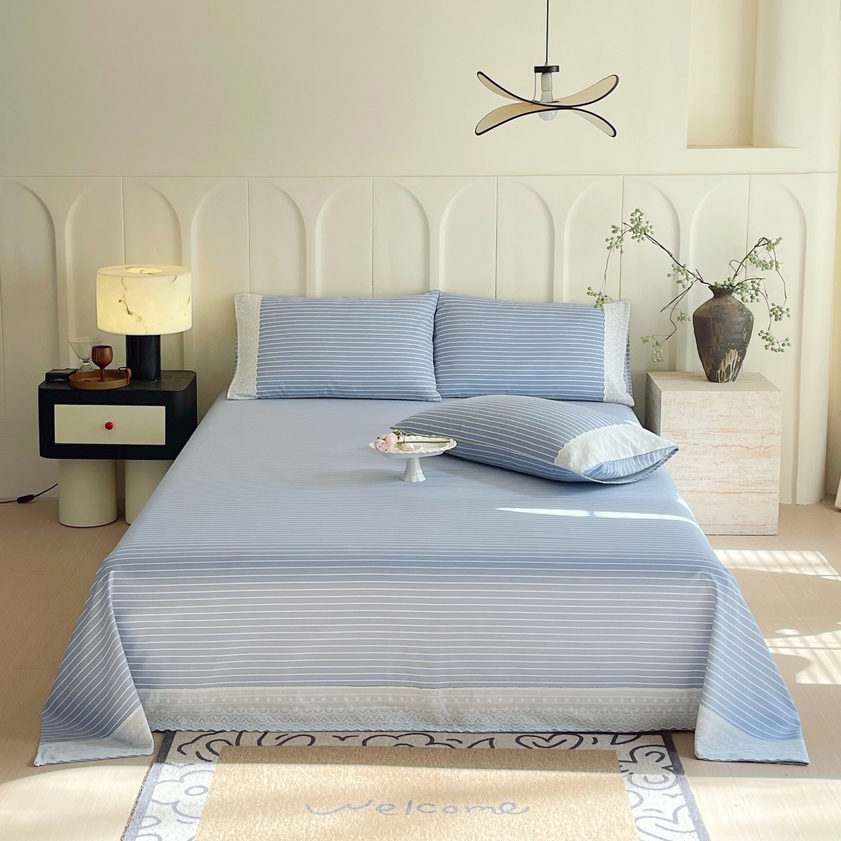 91家纺网 家纺一手货源 找家纺 春皖家纺 2026春夏新款老粗布花边款凉席席子单床单 床单单件 花边-细川聚