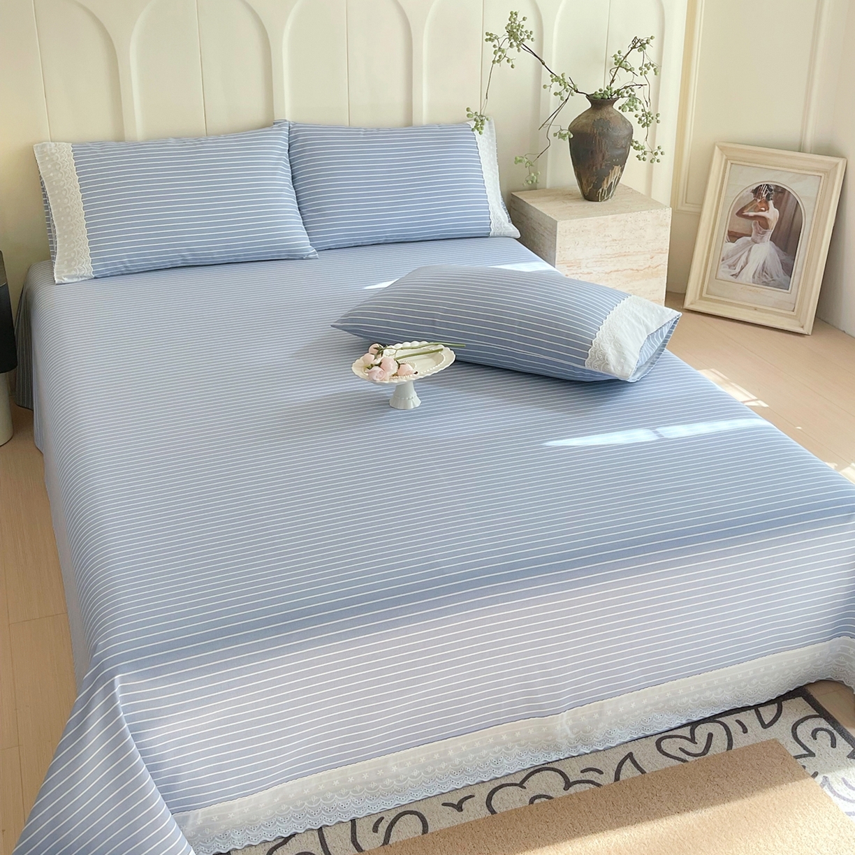 91家纺网 家纺一手货源 找家纺 春皖家纺 2026春夏新款老粗布花边款凉席席子单床单 床单单件 花边-细川聚