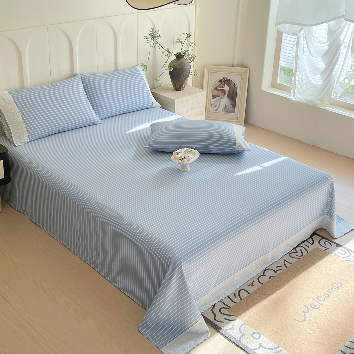 91家纺网 家纺一手货源 找家纺 春皖家纺 2026春夏新款老粗布花边款凉席席子单床单 床单单件 花边-细川聚