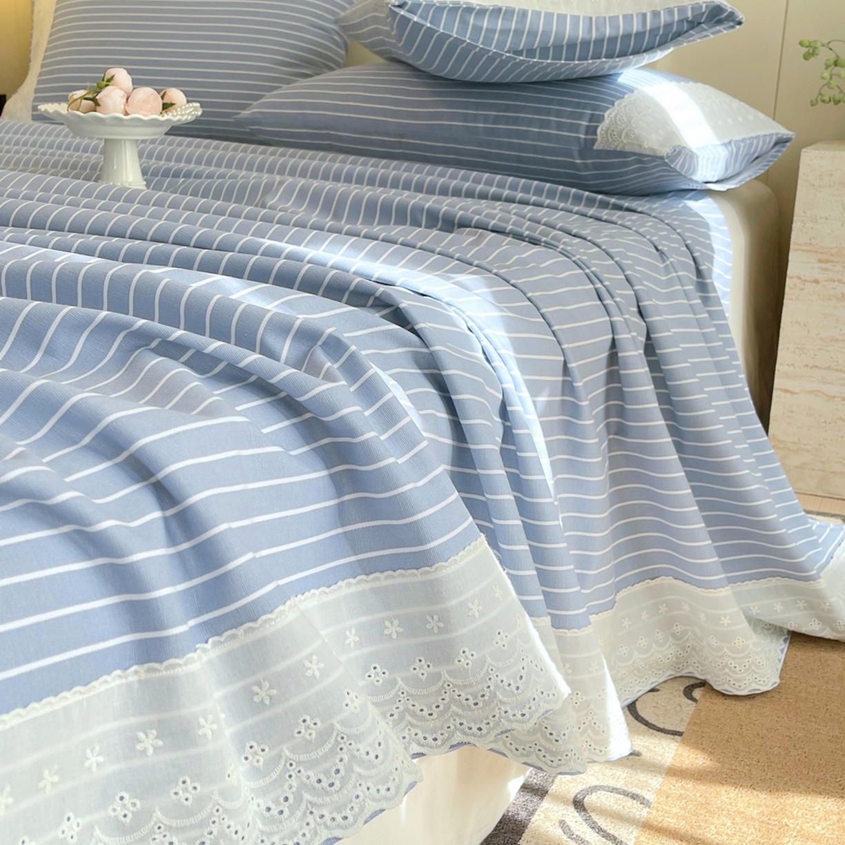 91家纺网 家纺一手货源 找家纺 春皖家纺 2026春夏新款老粗布花边款凉席席子单床单 床单单件 花边-细川聚