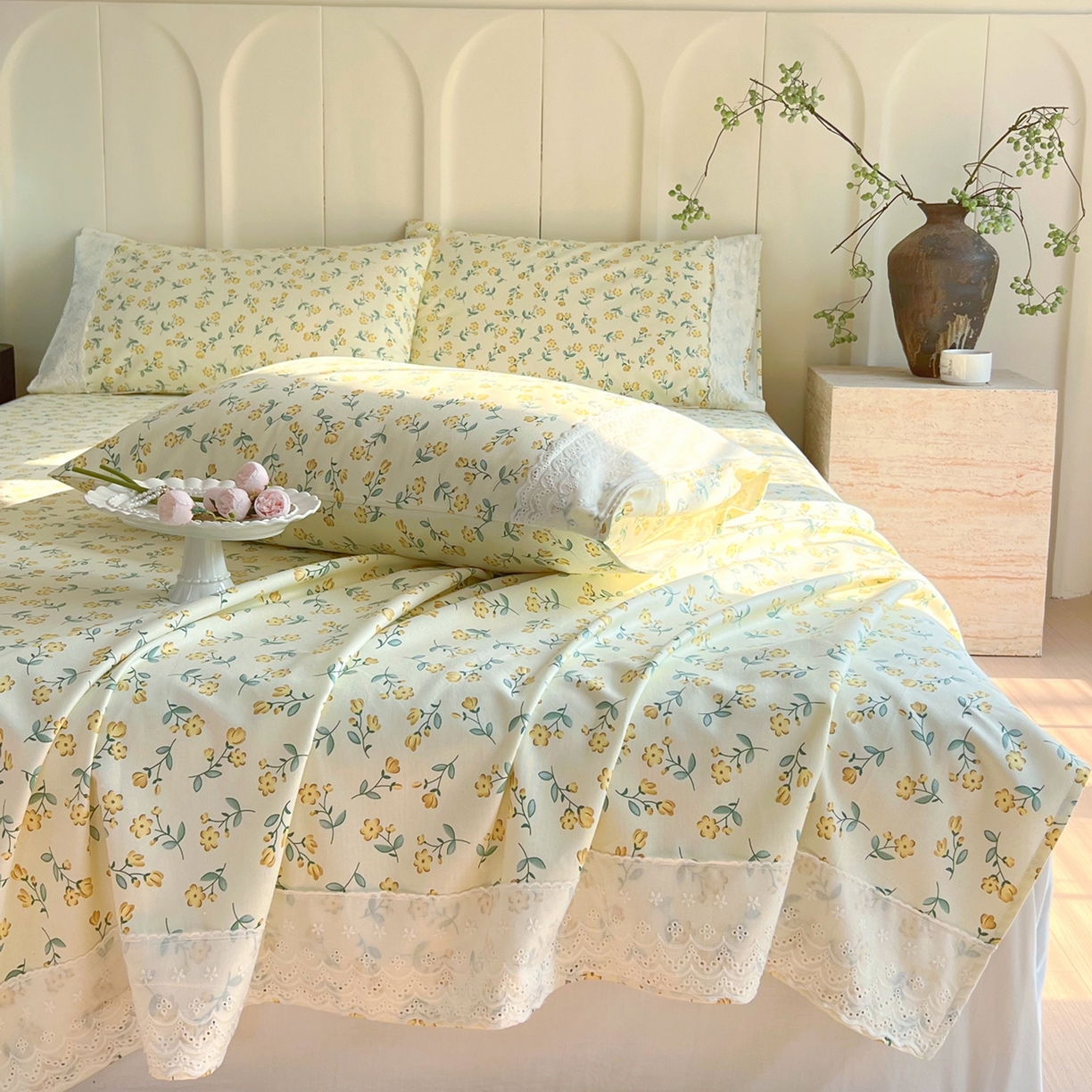 91家纺网 家纺一手货源 找家纺 春皖家纺 2026春夏新款老粗布花边款凉席席子单床单 床单单件 花边-伊兰