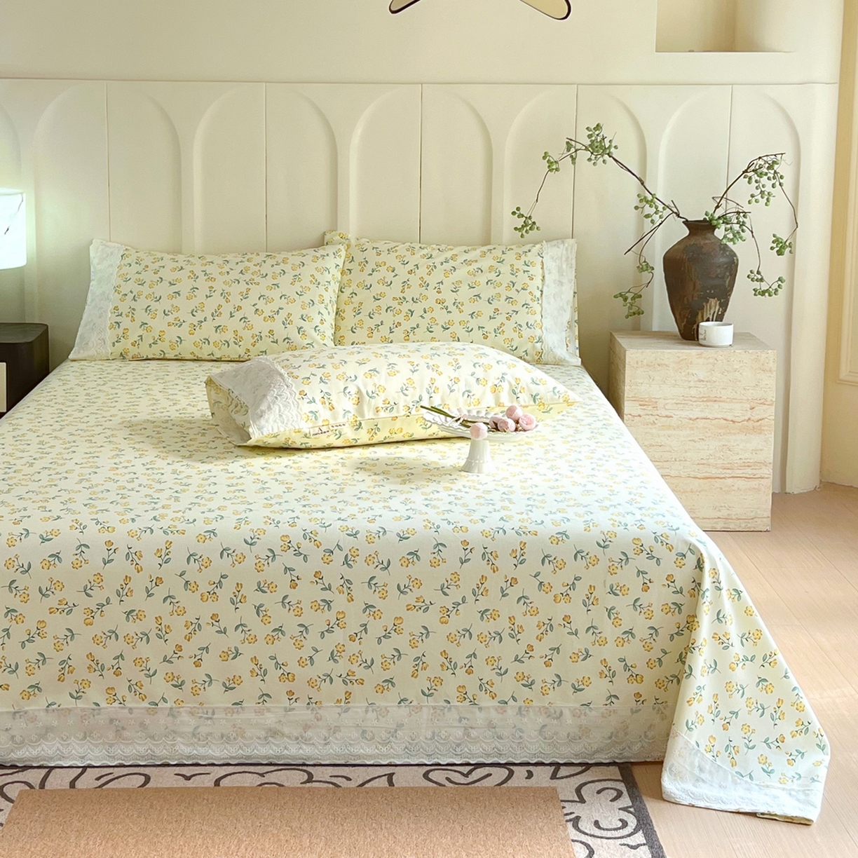 91家纺网 家纺一手货源 找家纺 春皖家纺 2026春夏新款老粗布花边款凉席席子单床单 床单单件 花边-伊兰