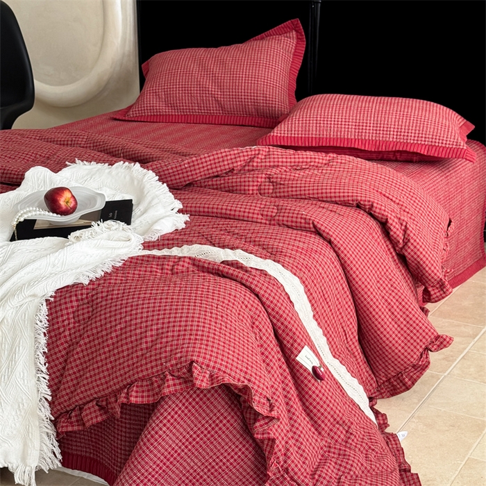 91家纺网 家纺一手货源 找家纺 床盖工厂店 2026新款双面水洗全棉填充新疆棉花床盖四件套 赫本红