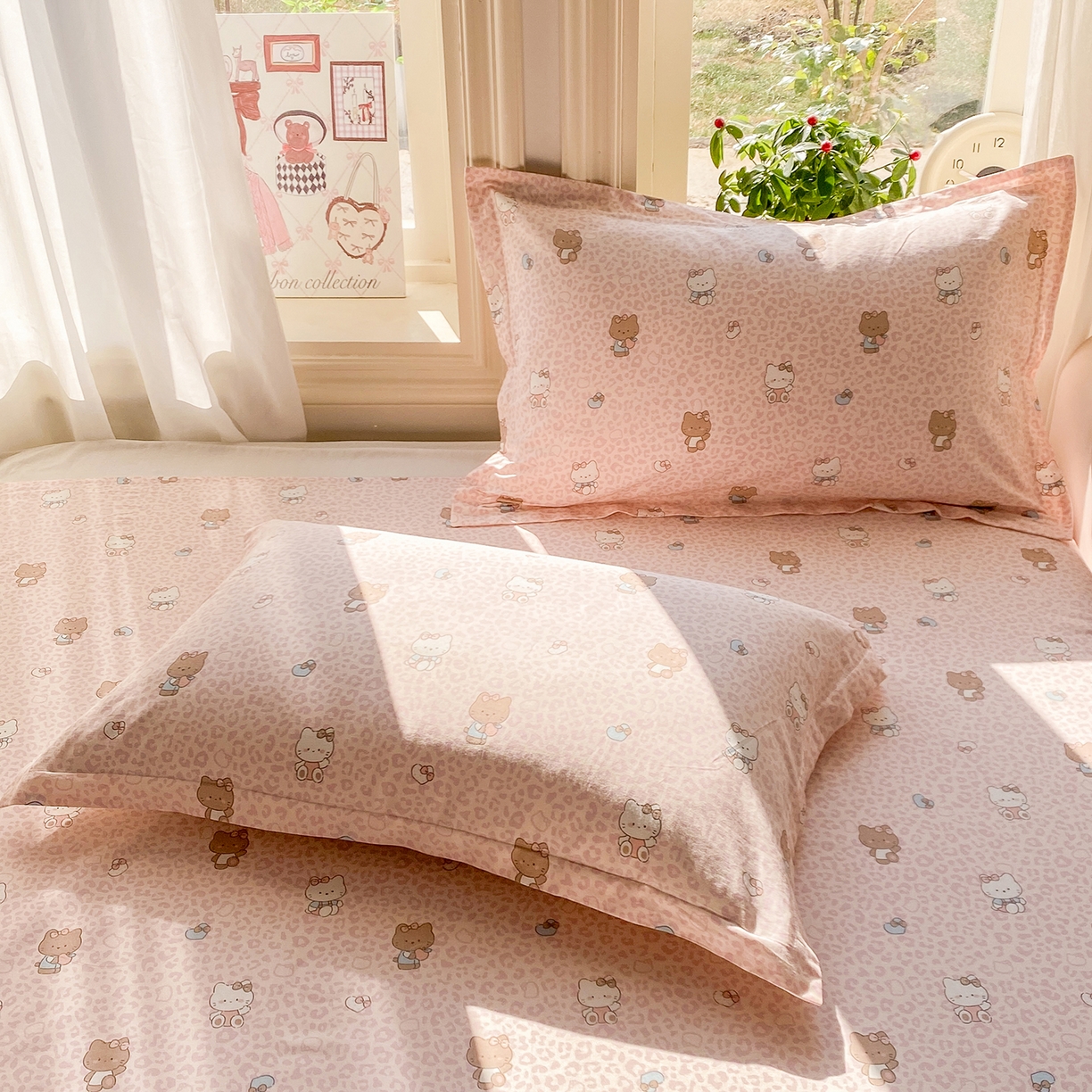 91家纺网 家纺一手货源 找家纺 花梦欣 2026新款全棉印花单品系列3简约卡通款-单枕套 豹纹KT粉