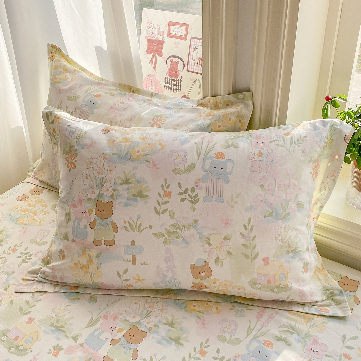 91家纺网 家纺一手货源 找家纺 花梦欣 2026新款全棉印花单品系列3简约卡通款-单枕套 春游手记