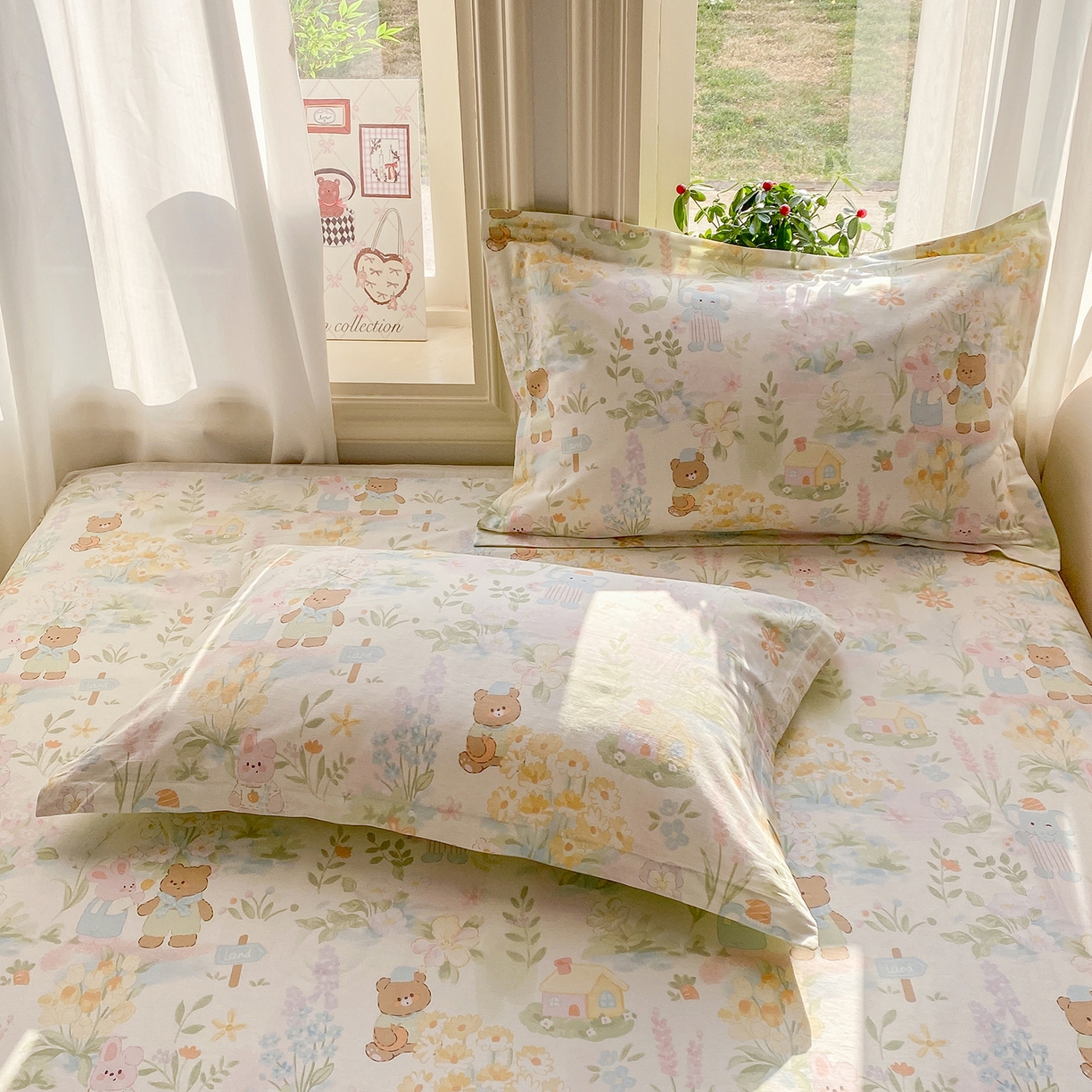 91家纺网 家纺一手货源 找家纺 花梦欣 2026新款全棉印花单品系列3简约卡通款-单枕套 春游手记