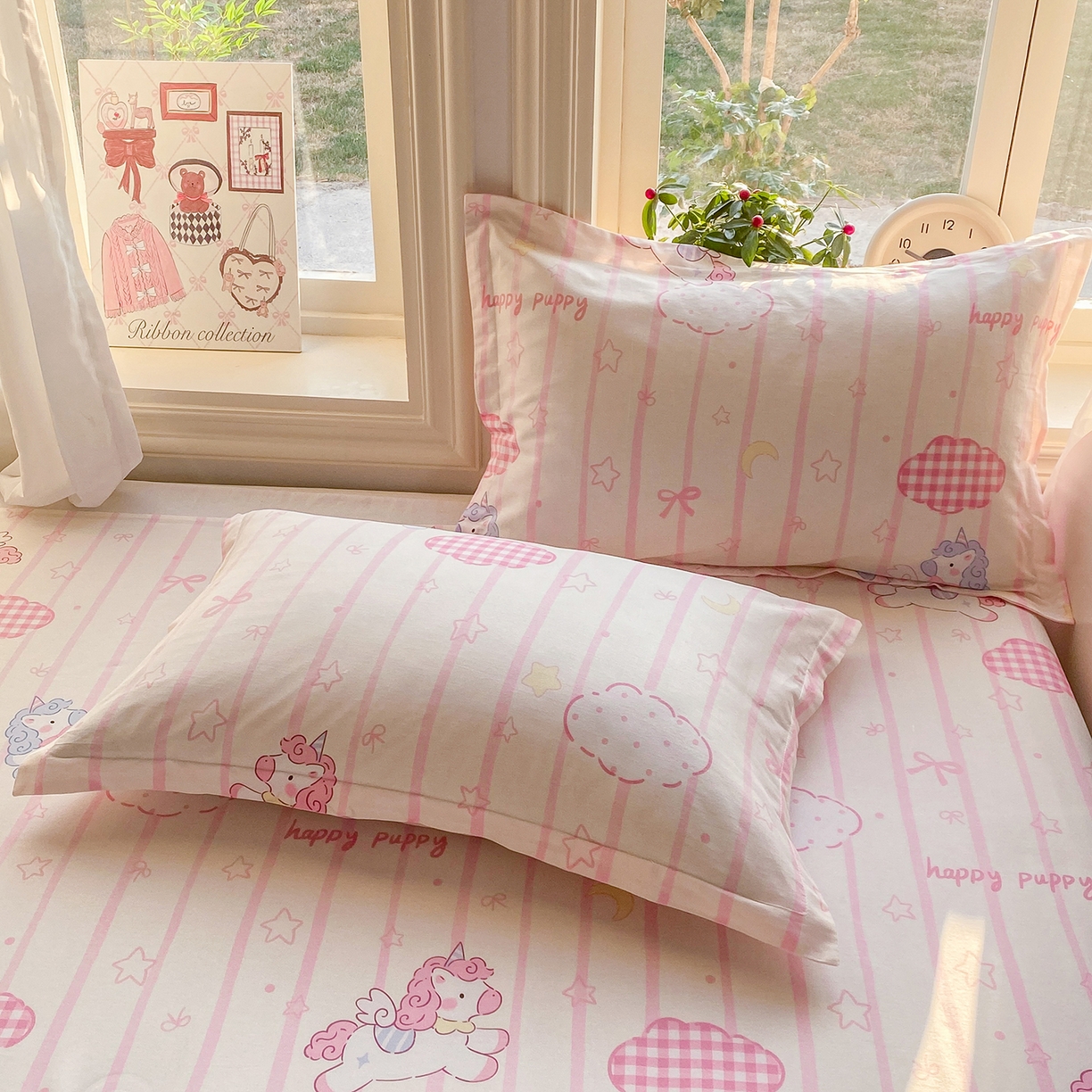 91家纺网 家纺一手货源 找家纺 花梦欣 2026新款全棉印花单品系列3简约卡通款-单枕套 粉色独角兽