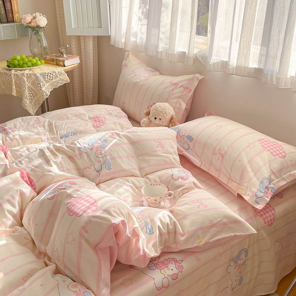 91家纺网 家纺一手货源 找家纺 花梦欣 2026新款全棉印花单品系列3简约卡通款-单枕套 粉色独角兽