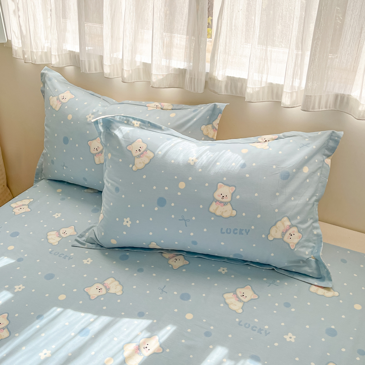 花梦欣 2026新款全棉印花单品系列3简约卡通款-单枕套 蓝色泡芙狗