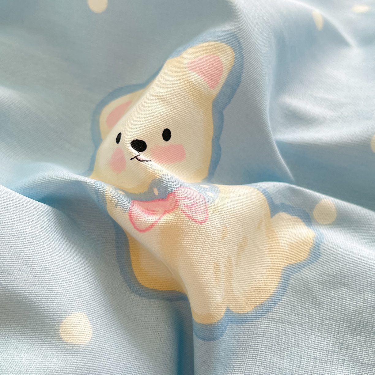 91家纺网 家纺一手货源 找家纺 花梦欣 2026新款全棉印花单品系列3简约卡通款-单枕套 蓝色泡芙狗