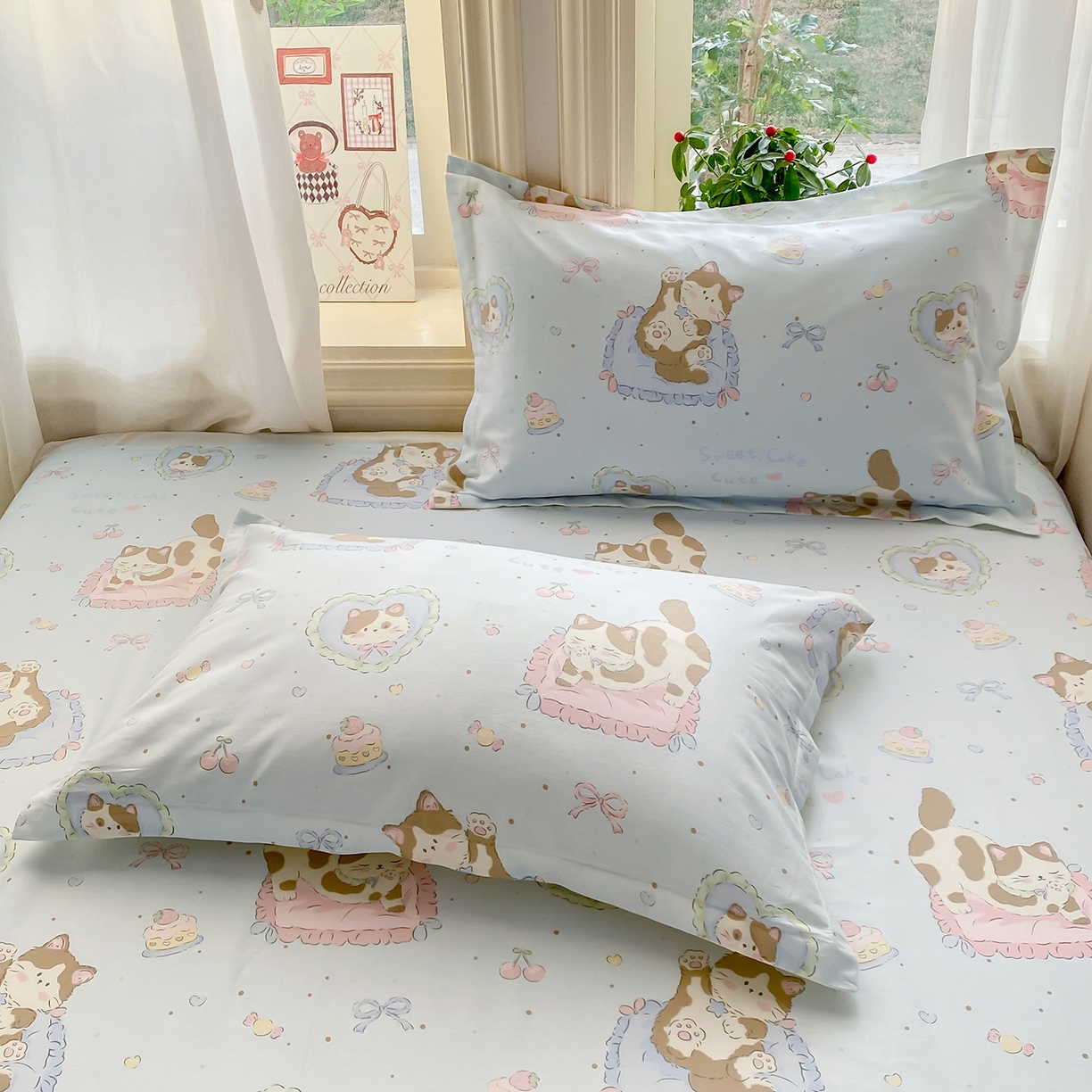 91家纺网 家纺一手货源 找家纺 花梦欣 2026新款全棉印花单品系列3简约卡通款-单枕套 狸花小姐兰