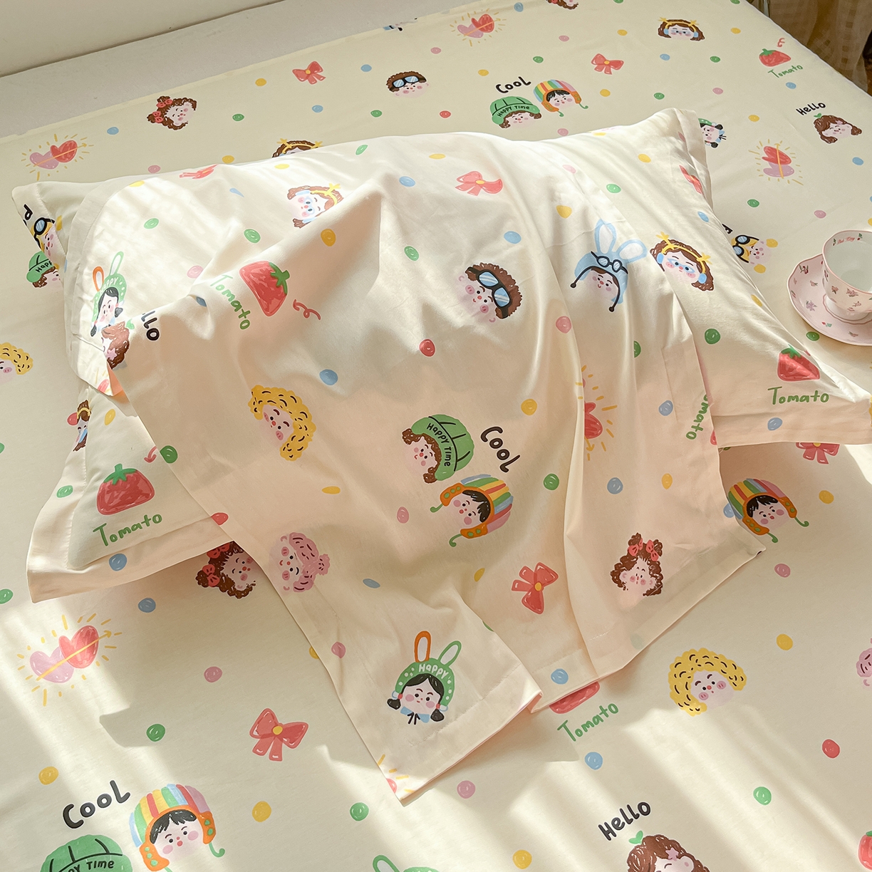 91家纺网 家纺一手货源 找家纺 花梦欣 2026新款全棉印花单品系列3简约卡通款-单枕套 趣味涂鸦