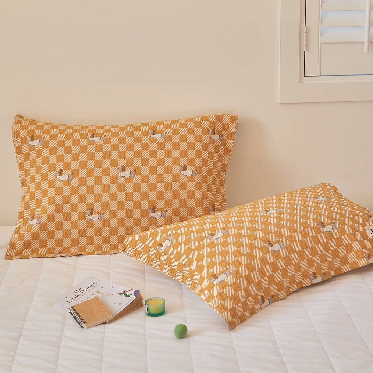 91家纺网 家纺一手货源 找家纺 沐瑟家纺 2026新款安心棉枕巾 格子小狗-桔