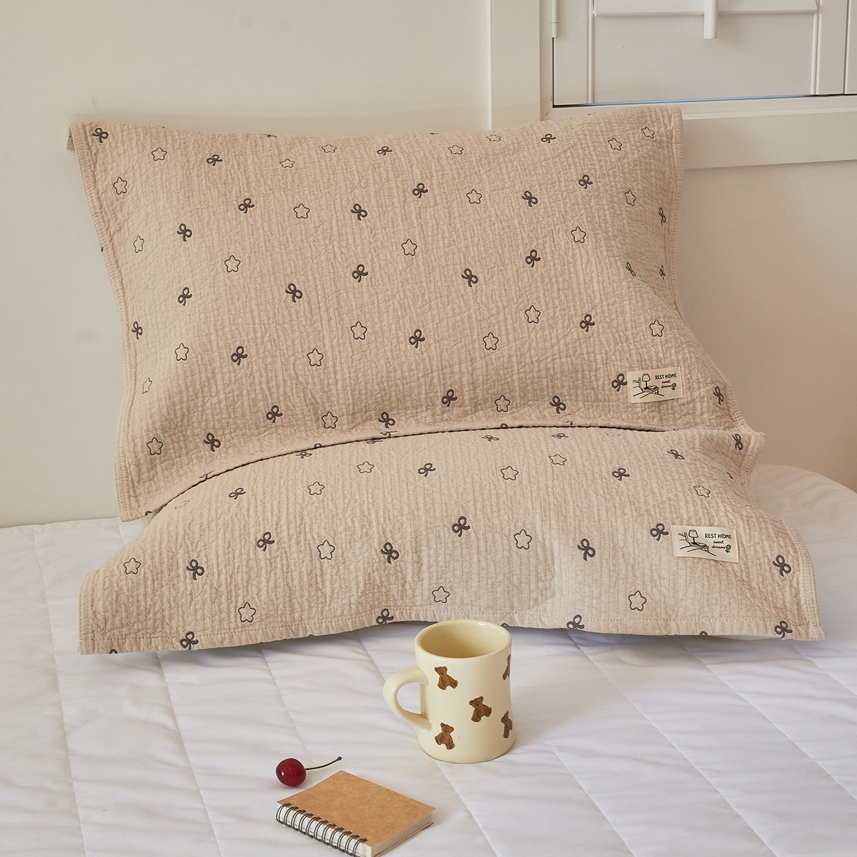 沐瑟家纺 2026新款安心棉枕巾 蝴蝶结五角星-浅咖