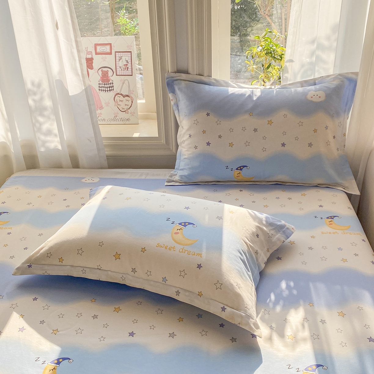 91家纺网 家纺一手货源 找家纺 花梦欣 2026新款全棉印花单品系列3简约卡通款-单枕套 星辰入梦