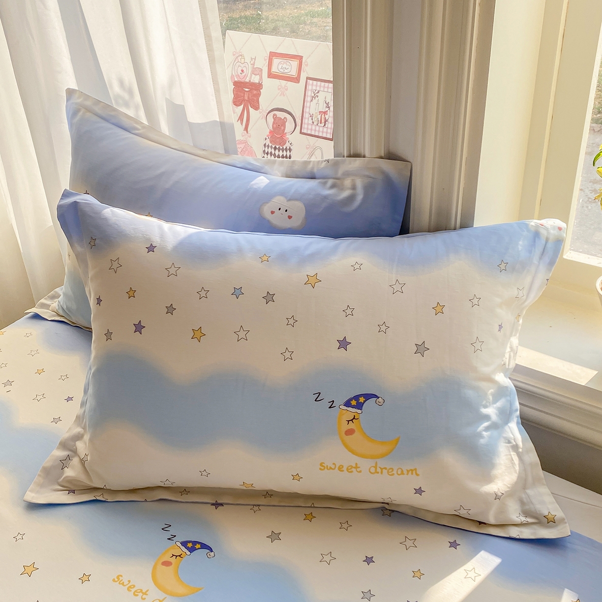 91家纺网 家纺一手货源 找家纺 花梦欣 2026新款全棉印花单品系列3简约卡通款-单枕套 星辰入梦