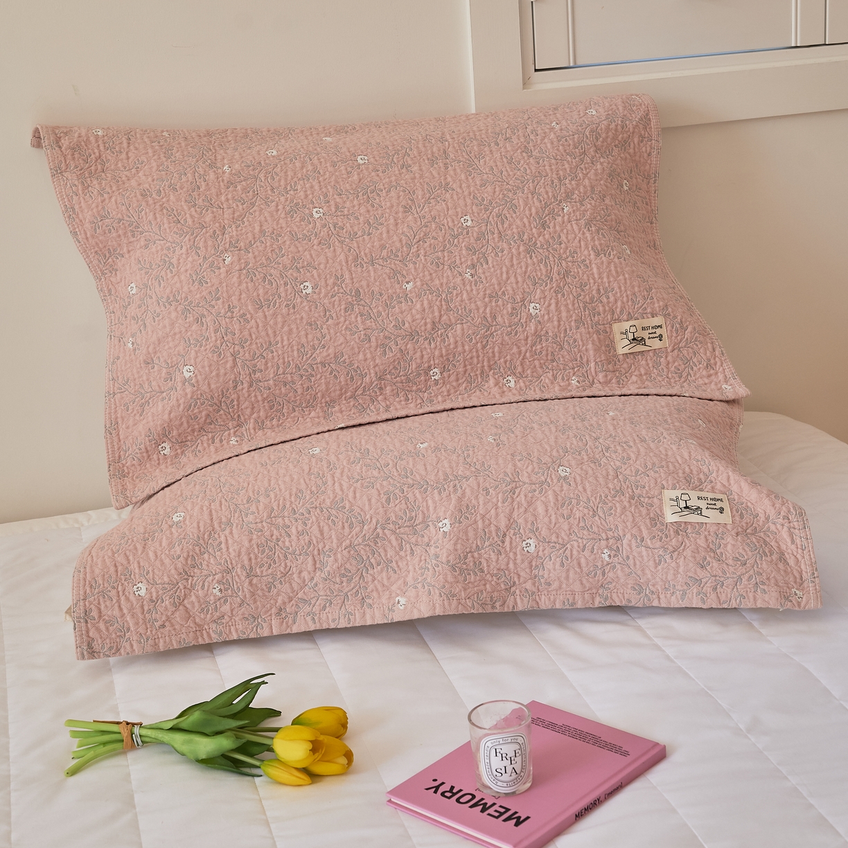 沐瑟家纺 2026新款安心棉枕巾 花枝-粉