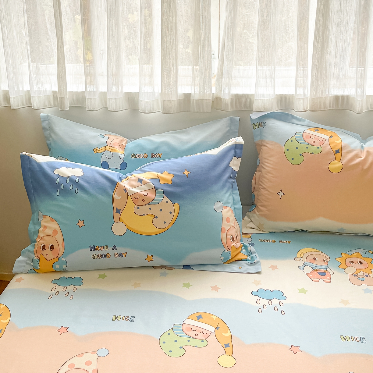 91家纺网 家纺一手货源 找家纺 花梦欣 2026新款全棉印花单品系列3简约卡通款-单枕套 星梦童话