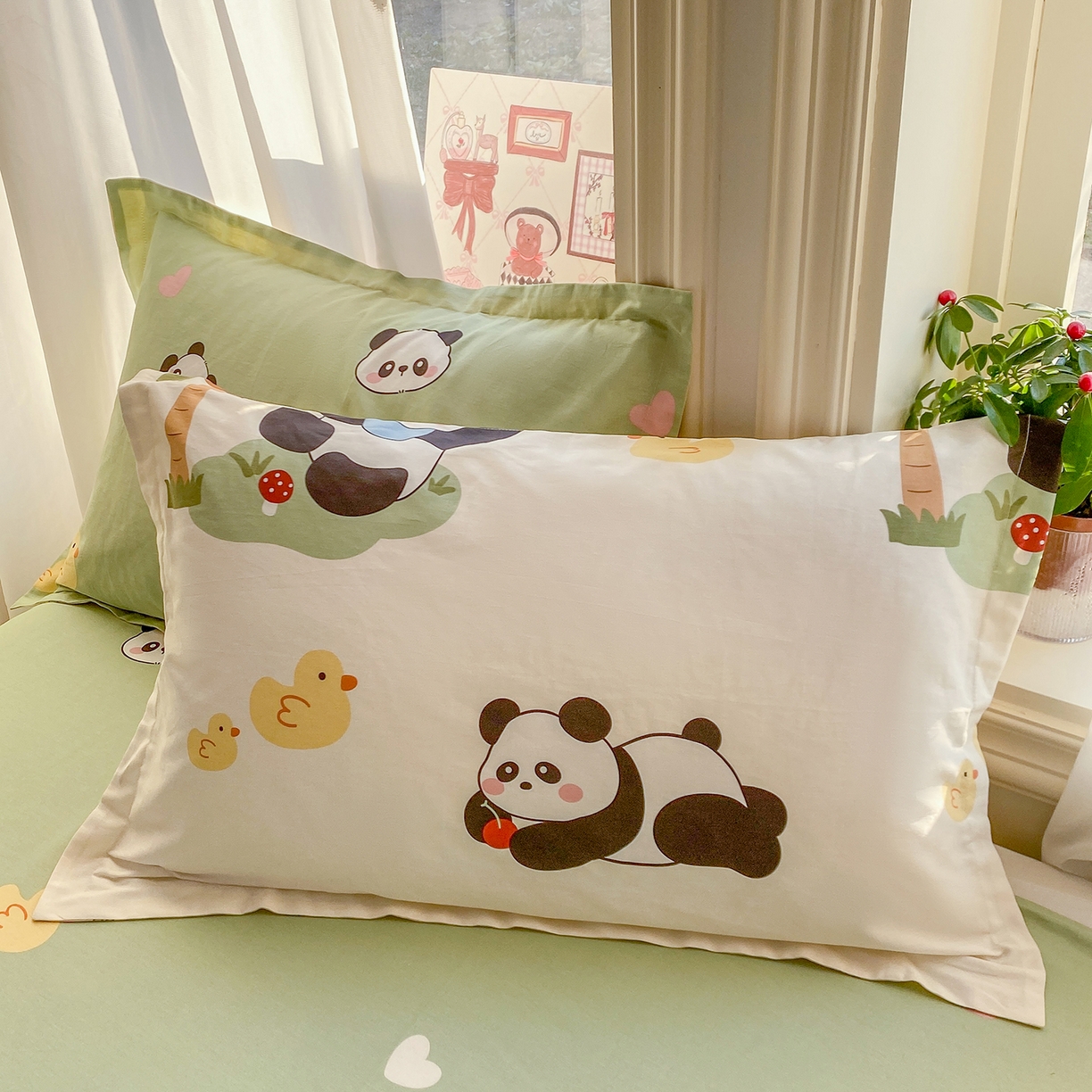 花梦欣 2026新款全棉印花单品系列3简约卡通款-单枕套 熊猫鸭鸭乐绿