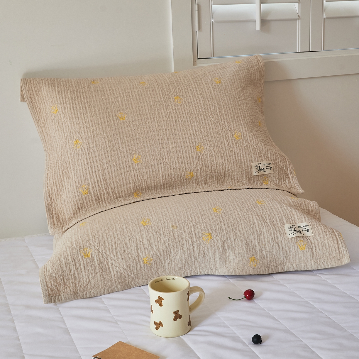 沐瑟家纺 2026新款安心棉枕巾 皇冠-浅咖