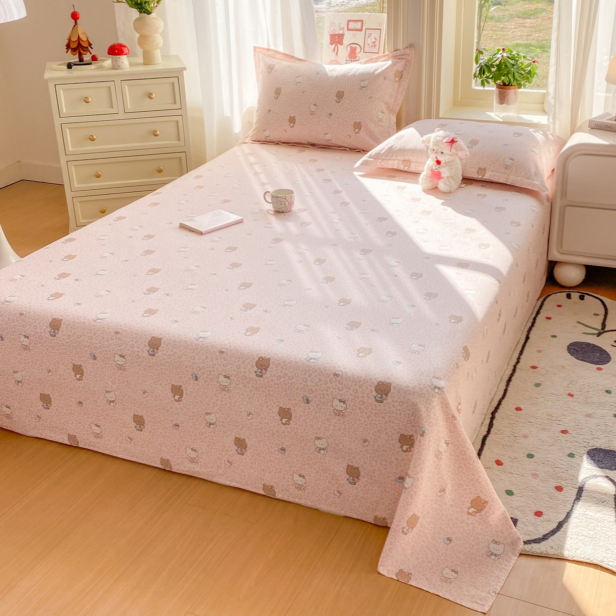 91家纺网 家纺一手货源 找家纺 花梦欣 2026新款全棉印花单品系列3简约卡通款-单床单 豹纹KT粉