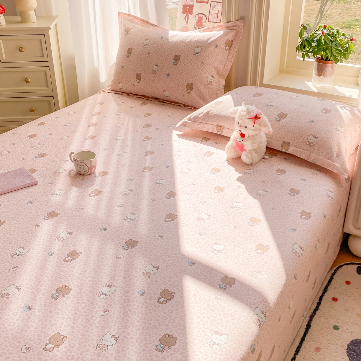 91家纺网 家纺一手货源 找家纺 花梦欣 2026新款全棉印花单品系列3简约卡通款-单床单 豹纹KT粉