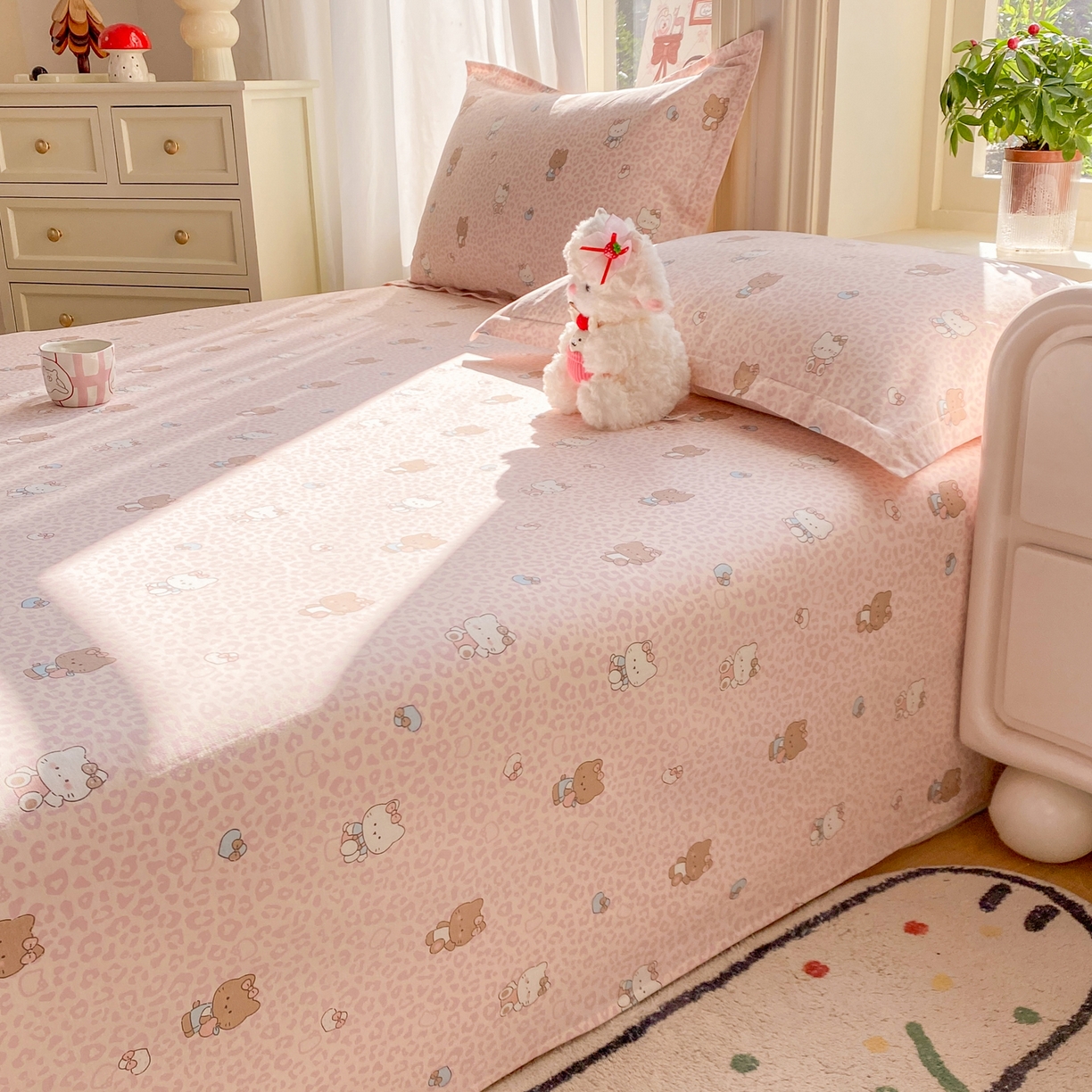 91家纺网 家纺一手货源 找家纺 花梦欣 2026新款全棉印花单品系列3简约卡通款-单床单 豹纹KT粉