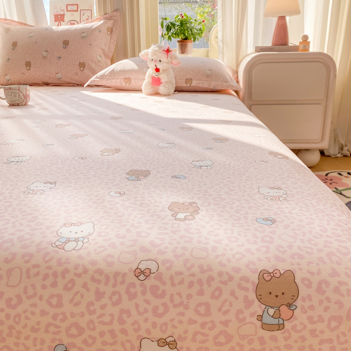 91家纺网 家纺一手货源 找家纺 花梦欣 2026新款全棉印花单品系列3简约卡通款-单床单 豹纹KT粉