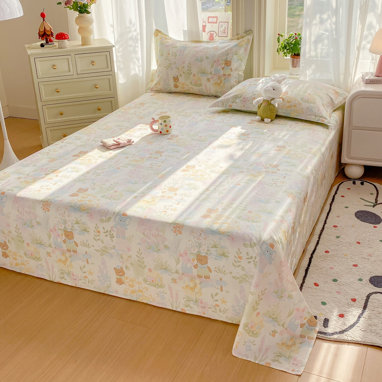 91家纺网 家纺一手货源 找家纺 花梦欣 2026新款全棉印花单品系列3简约卡通款-单床单 春游手记